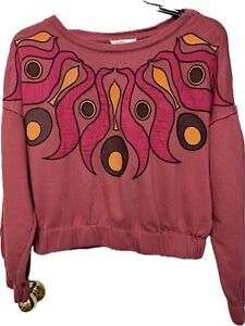 Anthropologie Maroon Abstract Art Appliqué Embroidered Boat Neck Sweater