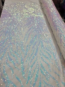 Fabric Sold By The Yard Four Way Stretch White Iridescent Sequin Embroidery Dres - Picture 1 of 5