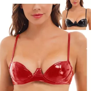 Womens Sexy Lingerie Wetlook Faux Leather 1/2 Cup Min Bra Bikini Tops Clubwear - Picture 1 of 33
