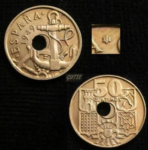 *GUTSE* FRANCO-1615, 50 CÉNTIMOS 1949*19-53, TALADRO DESCENTRADO, SIN CIRCULAR - Foto 1 di 1