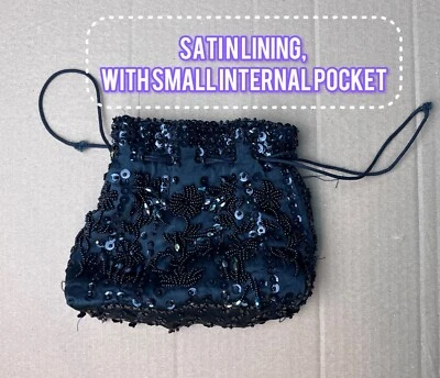 Vintage Black beaded & sequin evening drawstring ladies bag Foto 1 de 4