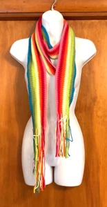 Crocheted Neck Scarf Rainbow Pride Hippie Boho Fringe Long Thin 5” x 8ft 4”L - Picture 1 of 5