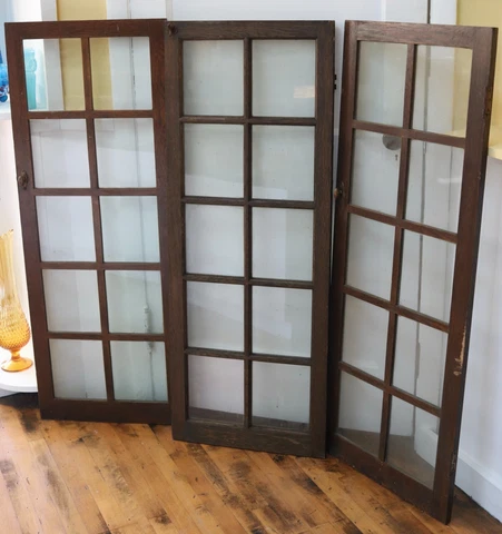 Lot of 3 Antique 10-Pane Oak Wooden Framed Windows - 48  x 18.25 Cover