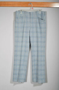 Vintage 1970s Haggar Slacks Blue Plaid Polyester Disco Pants 34 X 30