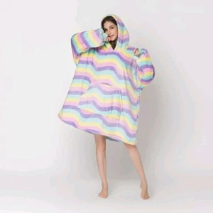 Hoodie Hooded Wearable Fleece Blanket Pastel Rainbow w/ Pocket - Picture 1 of 3