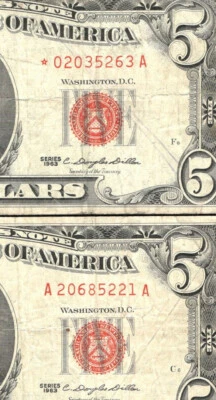 1963 $5 and 1963 $5 STAR Legal tender note red seals - 1 STAR & 1 NON-STAR - Image 1 of 4