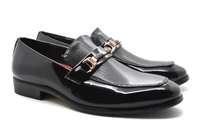 MENS SLIP ON FORMAL PATENT SHINY PARTY WEDDING OFFICE DRESS BUCKLE SUIT SHOES UK - Picture 1 of 8