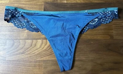 CANDIES THONG PANTIES UNDERWEAR LACE WOMENS SZ SMALL Blue Nylon Second Skin Lace - Image 1 of 4