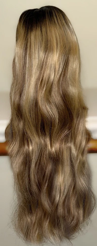 Peluca 28 pulgadas, 100 % cabello humano, raíces oscuras, con múltiples tonos de reflejos rubios, Foto 1 de 4