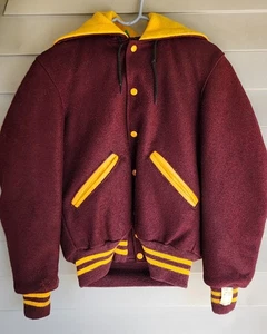Vintage DeLong WOOL Letterman Jacket Adult BURGUNDY/GOLD Snap Button Zip Hood - Picture 1 of 22