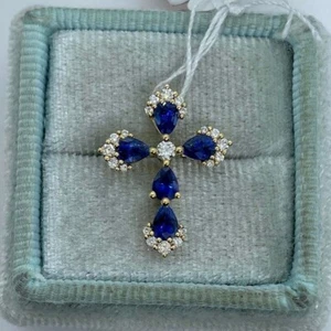 2Ct Pear Cut Lab Created Sapphire Cross Pendant 14K Yellow Gold Plated 18 Chain - Picture 1 of 6
