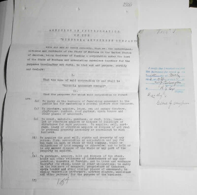 1913 "Missoula Amusement Company" Articles of Incorporation. Original documents. - Image 1 of 4