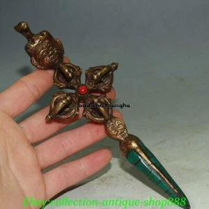 Old Tibet Buddhism Copper Turquoise Mahakala Vajra Phurpa Dagger Equipment Faqi - Picture 1 of 9