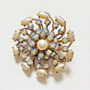 Aurora Borealis AB Rhinestones Pinwheel Brooch White Navettes Vintage Estate Pin - Picture 1 of 12