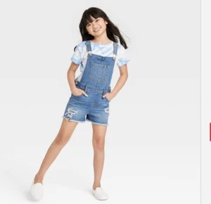 Girls' Destructed Jean Shortalls - Cat & Jack Medium Wash Sz S (6/7) - Picture 1 of 2