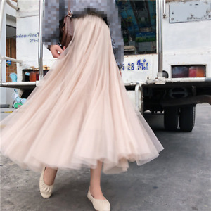 Women High Waist Ruffel Mesh Skirt Layers Fancy Net Tulle Pleated Solid Dress