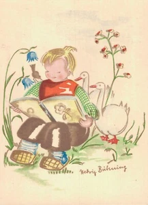 Artista firmado Hedwig B. Niño leyendo un libro con algunos gansos postal vintage BP2 - Imagen 1 de 2