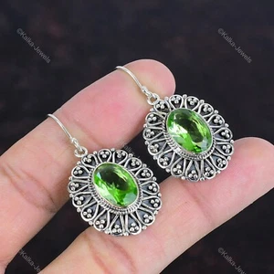 Natural Green Amethyst 925 Sterling Silver Drop Dangle Vintage Earrings Jewelry - Picture 1 of 6