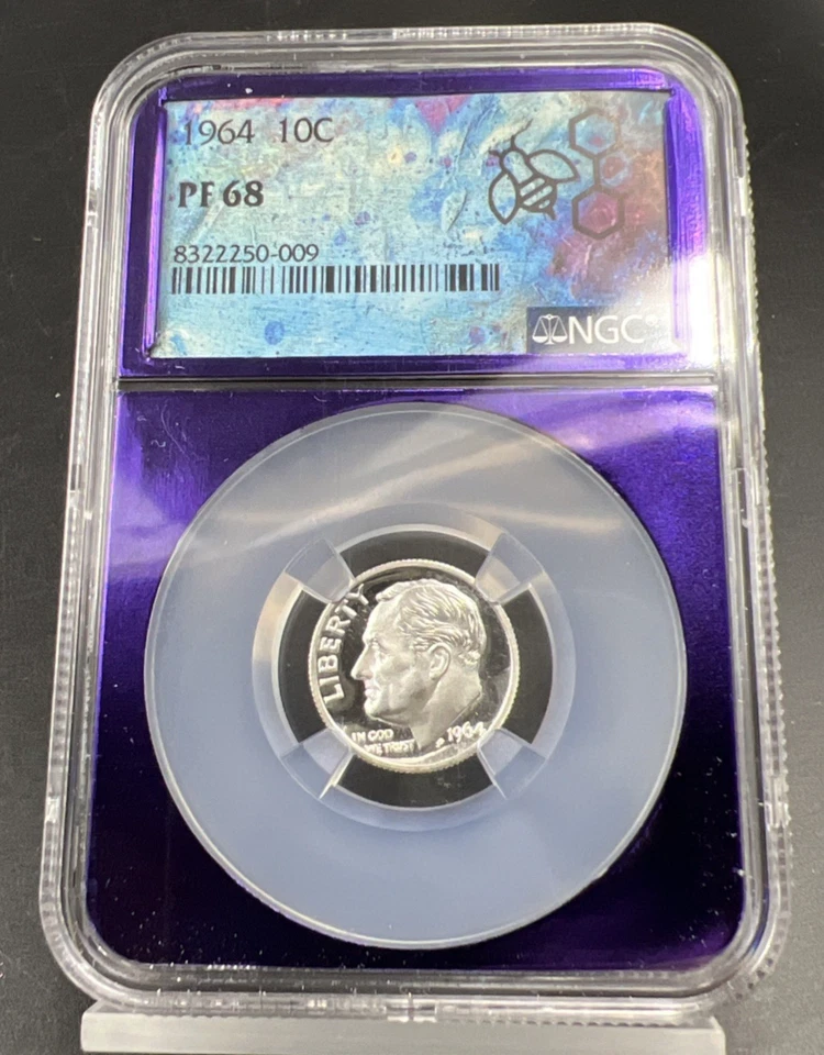 1964 P 10c Roosevelt Silver Dime Coin NGC PF68 Bee Label Holder - Image 1 of 4