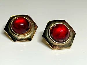 Vintage Earrings Studs Gold and Silver Tone Metal Red Stones Plastic Glass - Picture 1 of 8