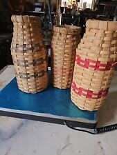SET OF 3' HAND WOVEN BASKET LAM GRASS BAMBOO VASE Interior Glass Signed