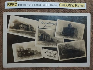 RPPC posted 1912 Santa Fe RR Depot, COLONY, Kans. Postcard MULTI VIEW REAL PHOTO - Picture 1 of 2