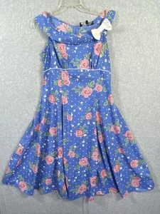 Hell Bunny Vixen Dress Large Blue Floral Rose Polka Dot Retro Rockabilly Bow - Picture 1 of 9