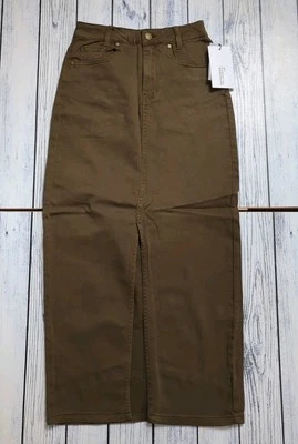 My Essential Wardrobe Lara Stretch Front Slit Maxi Skirt Military Olive Wash 8 - Image 1 of 4