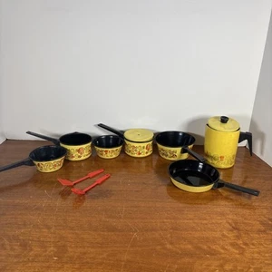 Vintage 60s Child’s Tin Toy Miniature Mushroom Kitchen Pots Pans Dishes Retro - Picture 1 of 11
