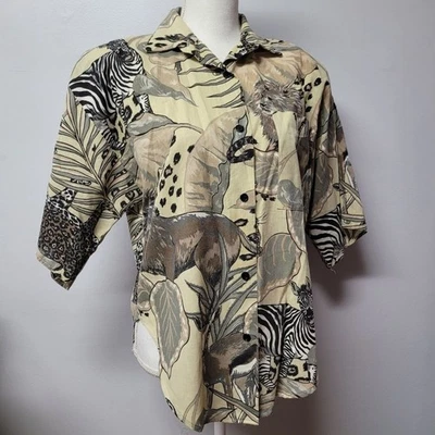 Camisa Rhapsody Safari Shoukder Pads Vintage Mujer Mediana Cebra Abotonada Foto 1 de 4