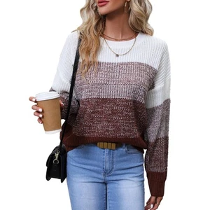 Women's Striped Color Block Sweater Long Sleeve Crewneck Casual Loose Winter ... - Picture 1 of 6
