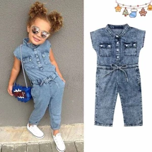 Kids Girls Denim Romper Elastic Waist Denim Overalls Cargo Jumpsuit Casual - Picture 1 of 9