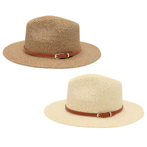 Women Flat Brim Straw Fedora Hat Summer Beach Panama Leather Belt Cuban Sun Cap