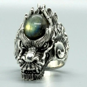 Dragon Ring 925 silver Labradorite Biker Gothic Mythical Thrones Magical - Picture 1 of 4