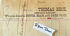 1880C DETROIT MICHIGAN Billhead THOMAS BECK 54 & 56 WOODBRIDGE BUTTER FRUIT - Picture 1 of 1