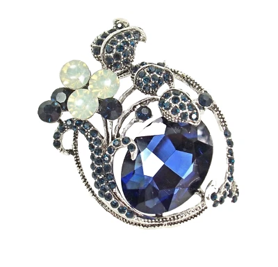 蓝色水晶玫瑰花胸针带大号椭圆形水晶,女式时尚别针 — 第 1/3 张图片