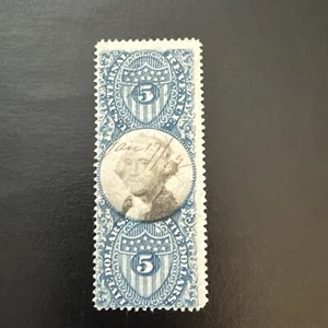Us Scott #R127 $5 Second Issue Blue & Black George Washington 1871 Used Uncut - Picture 1 of 2