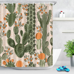 Green Cactus Orange Flowers Shower Curtain Liner Polyester Fabric Bathroom Hooks