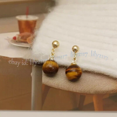 Moda 10 mm Redondo Natural Amarillo Ojo de Tigre Piedras Preciosas Cuentas Cuelga Pendiente Foto 1 de 4