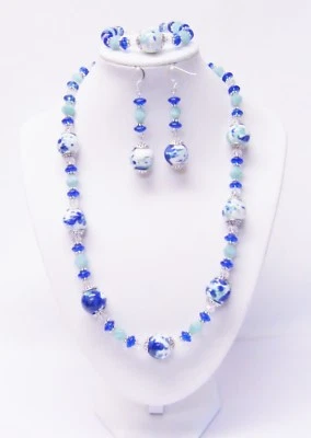 White/Blue/Green Ceramic w/Sapphire Disc Glass Bead Necklace/Bracelet/Earrings  - Image 1 of 4