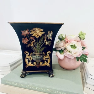 Vintage Chinoiserie Toleware Metallo Giardiniere Cachepot Fioriera Nero Artiglio Piede - Foto 1 di 6