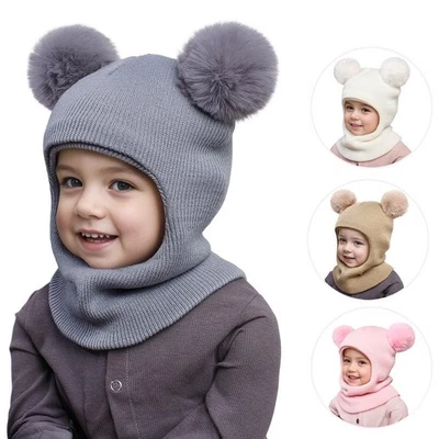 Pompón Bebé Invierno Sombrero Bufanda Una Pieza Niños Tejido Gorro Cálido Orejas Cuello Niños Foto 1 de 4