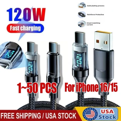 120w Super Fast USB Type-C Charging Braid Phone Charger Lead with Display LOT - Image 1 of 4