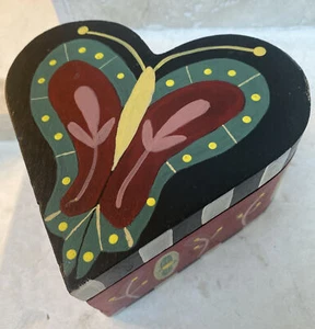 Vintage Folk Art Handmade Painted Heart-Shaped Wood Box Valentine's Gift AS IS - Picture 1 of 7