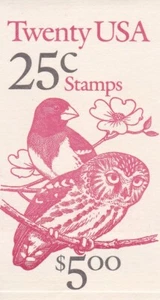 U.S. BOOKLET OF 20 SCOTT #BK160 1988 25ct OWL & GROSBEAK TWO BUDS MINT P#2222 - Picture 1 of 2