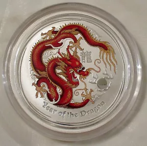 2012 1/2 oz Lunar Year of the Dragon Silver Coin, Colored in Capsule, Perth Mint - Picture 1 of 2