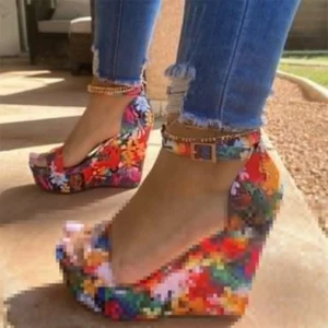 Sexy Women Sandals Floral Platform Open Toe Wedge High Heels Buckle Strap Shoes - Picture 1 of 9