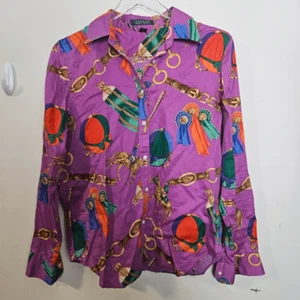Ralph Lauren Vintage Womens Equestrian Polo Print Blouse Medium - Picture 1 of 3