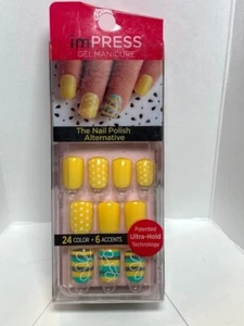 Impress Gel Manicure Press on Nails Short yellow dots, with stripe floral accent - Picture 1 of 1
