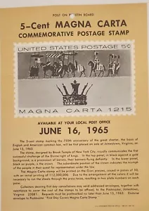 RARE 1965 Magna Carta 5 Cent Commemorative Postage Stamp Poster - Picture 1 of 1